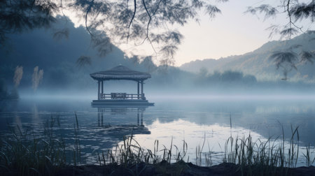 Morning Tai Chi on Lakeside Platform by Tall Reedsの素材