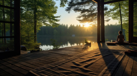 Morning Yoga at Lakeside Cabin: Serene Water Swaying Pinesの素材