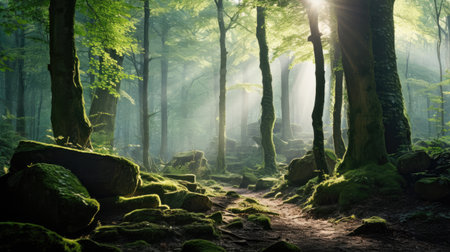 Morning Forest Bathing in Tranquil Misty Gladeの素材