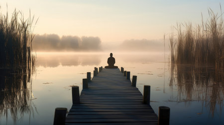 Morning Tai Chi Amidst Reeds Misty Lakeside Serenityの素材