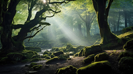Misty Morning Forest Bathing: Stones Ancient Trees Magicの素材