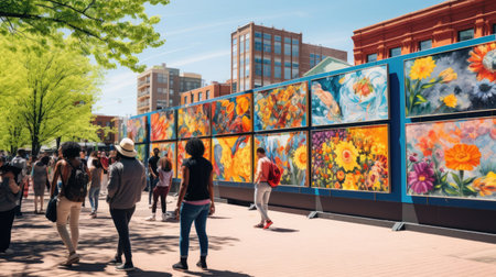 Vibrant Paintings and Sculptures in Urban Market Squareの素材