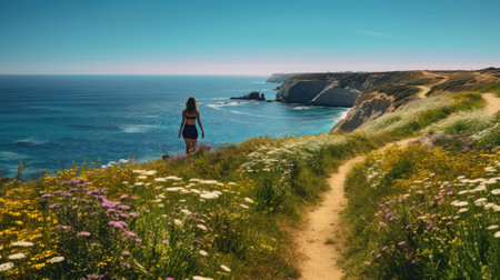 Midday Yoga: Coastal Trail Amidst Wildflowersの素材
