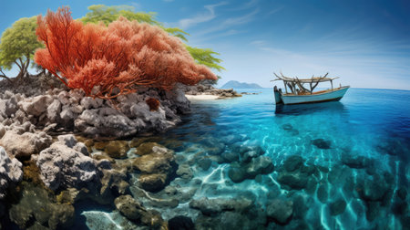 Sustainable Fishing Boat near Vibrant Coral Reef at Middayの素材
