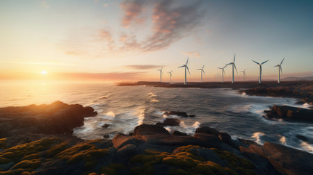 Harnessing Wind Power on Coastal Turbines at Sunriseの素材