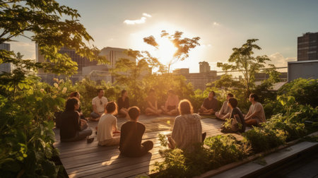 Rooftop Meditation amid Lush Greenery on Sustainable Buildingの素材