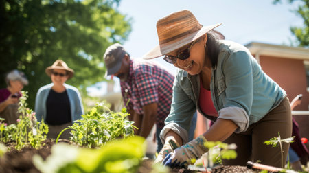 Harmonious community gardening event neighbors with various abilities tend to a vibrant garden.の素材