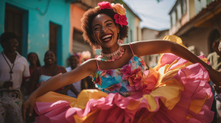Vibrant Cuban rumba dancer in frills dancing with infectious energy and rhythmの素材