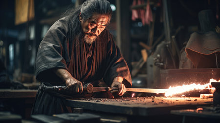 Japanese swordsmith crafting katana blade with skill and precisionの素材