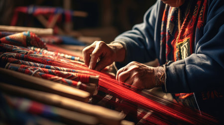 Peruvian weaver expertly maneuvering vibrant threads on traditional loomの素材