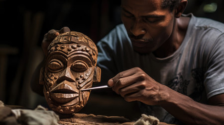 Creating Ceremonial Mask: African Artisan Shapes Mahogany with Chiselの素材
