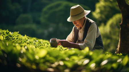 Tea farmer in Japan tending vibrant tea bushes with meticulous care and dedication to their craftの素材