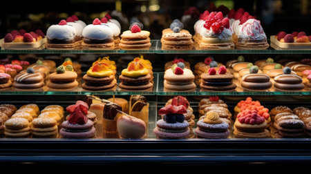 Exquisite French Patisserie Ãclairs Macarons Tarts with Fresh Fruitsの素材