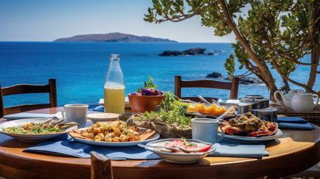 Table with Mezze Platters Moussaka Greek Salad by Azure Sea Viewの素材