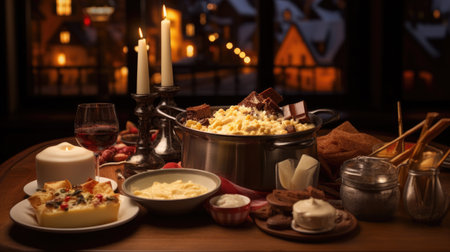 Table with Cheese Fondue RÃ¶sti Silky Chocolate Pots in Swiss Chaletの素材