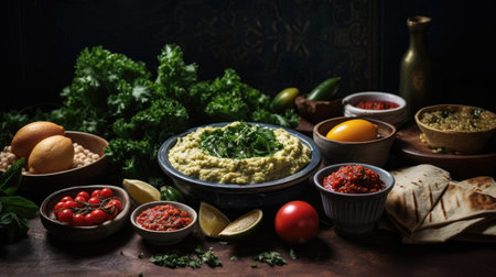 Lebanese Mezze Spread: Creamy Hummus Tabbouleh Succulent Shawarmaの素材