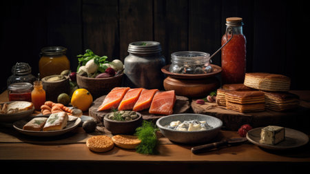 Array of herring dishes and gravlax in Swedish smorgasbordの素材