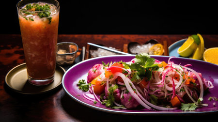 Traditional Peruvian cevicherÃ­a with plates of zesty cevicheの素材