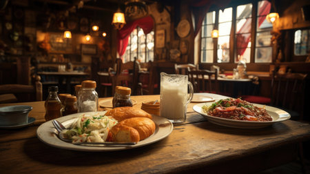 Mugs of frothy beer and schnitzel in a cozy Austrian gasthausの素材