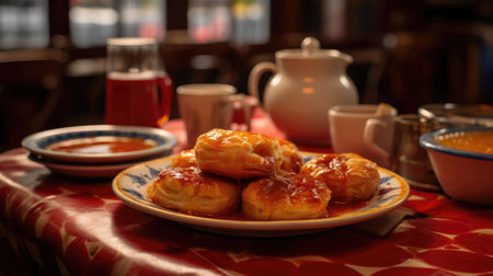 Lively Portuguese Tasca Set with Plates of Francesinha Bacalhau Ã  BrÃ¡s and Custard Tartsの素材