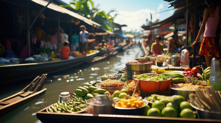 Bustling Thai Floating Market at Dawn with Vendors Crafting Steaming Boat Noodle Soup Fresh Coconut Ice Cream and Colorful Mango Sticky Riceの素材