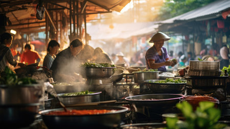 Vendors Preparing Steaming Bowls of Pho in Vietnamの素材