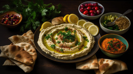 Delicious Middle Eastern Mezze Platter with Hummus and Baba Ghanoushの素材