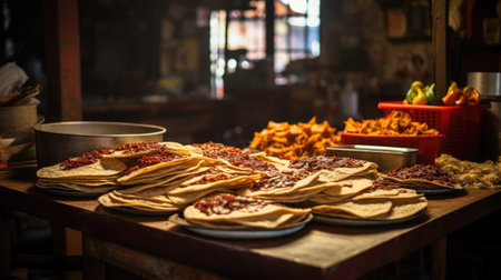 Rows of Freshly Pressed Tortillas at Rustic Tortilleriaの素材