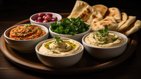 Tasty Middle Eastern Mezze Platter with Hummus Baba Ghanoushの素材