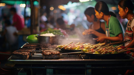 Inviting Thai Street Food Market with Grilled Skewersの素材