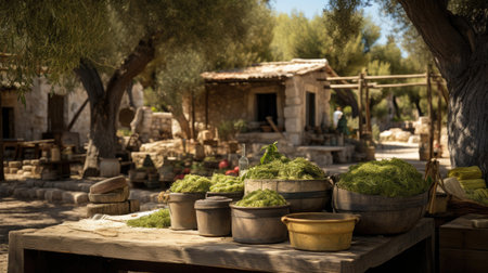 Inviting Greek Olive Oil Mill with Peppery Olive Oil and Briny Olivesの素材
