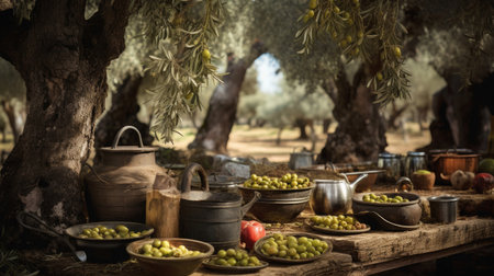 Rustic Spanish Olive Orchard with Marinated Olives and JamÃ³n IbÃ©ricoの素材