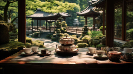 Inviting Japanese Tea Garden with Matcha Tea and Delicate Wagashi Sweetsの素材
