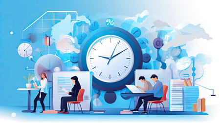A header image for a time management app. Shows professionals organizing their schedules in an office settingの素材