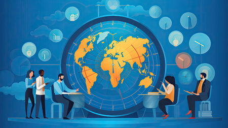 A header image for a global team management tool. Depicts team members collaborating across different time zonesの素材