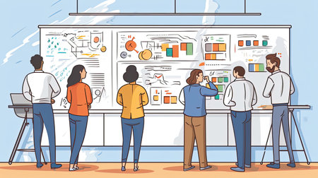 A diverse group of professionals collaborating on a project near a whiteboard in Cartoon styleの素材