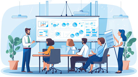 Corporate team engaged in a brainstorming session around a whiteboard in Cartoon styleの素材