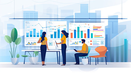 An image for a customer-centric marketing campaign. Shows a team analyzing customer data and feedbackの素材