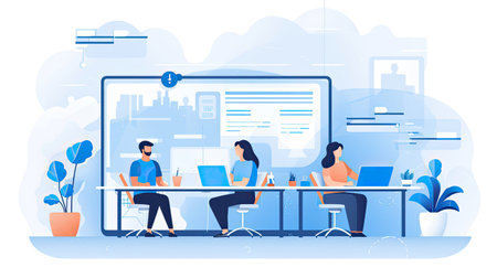A banner image for a flexible workspace management platform. Features professionals customizing their workstationsの素材