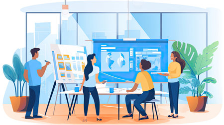 Young people working together around a whiteboard in Cartoon styleの素材