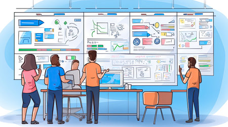 UX/UI designers sketching wireframes and user flows around a whiteboard in Cartoon styleの素材