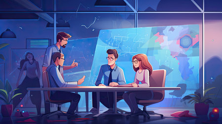Tech startup team brainstorming ideas for a new app feature. cartoon styleの素材
