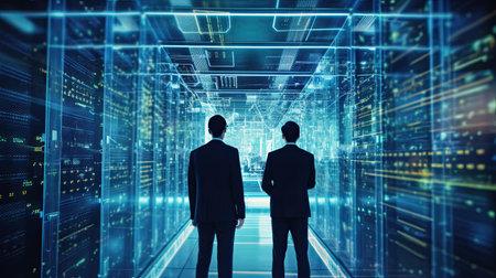 IT professionals in a data center. Indigo and technological backgroundの素材