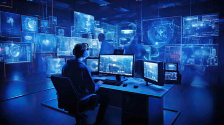 Content creators producing multimedia content in a digital studio. Electric blue and technological backgroundの素材