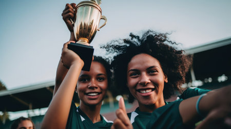 Athletes hold championship trophy faces exuding triumph.の素材