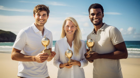 Manager and team on serene beach receiving seashell trophies for achievements.の素材