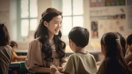 Teacher commends a star student recognizing exceptional academic achievements with a warm smile.の素材