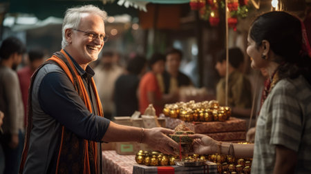 Vendor presents a gift box to a loyal customer expressing thanks for continuous support with a heartfelt smile.の素材