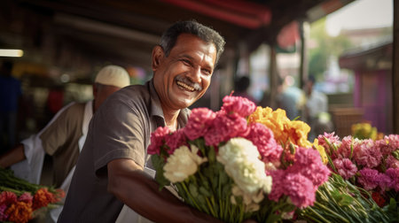 In a vibrant market a vendor graciously offers a bouquet of flowers to a cherished customerの素材