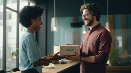 In a vibrant coworking space the mentor extending a gift box as a token of recognition for the protege's exceptional work.の素材